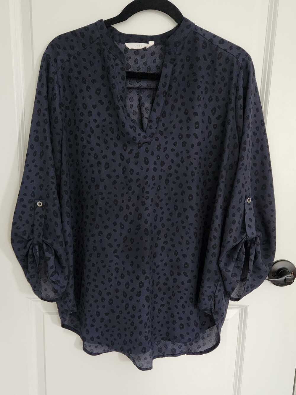 Lush Navy and Black Leopard-Print Split-Neck Tunic